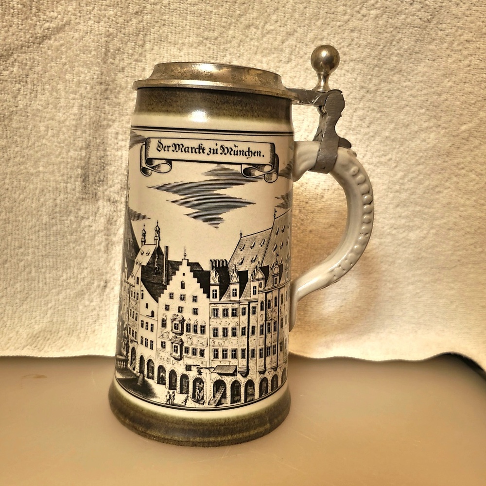 Authentic German Stoneware Beer Stein with hinged pewter lid- Post 1949